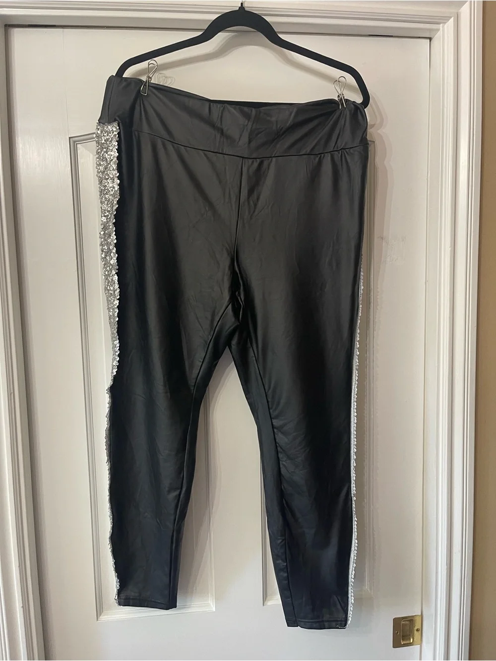 SHEIN Black Faux Leather Bike Shorts with Silver Sequin Stripes